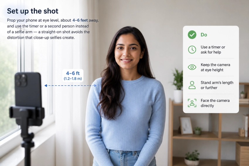 Camera positioned at eye level, 4 to 6 feet away