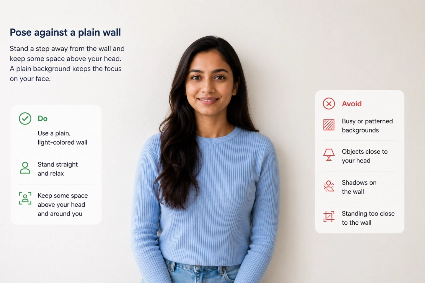Standing in front of a plain wall with a neutral expression